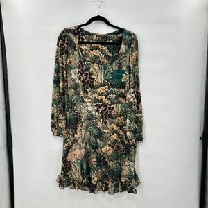 Peruvian Connection Boho Dress Medium Indie Floral Print Ruffle Hem Pockets